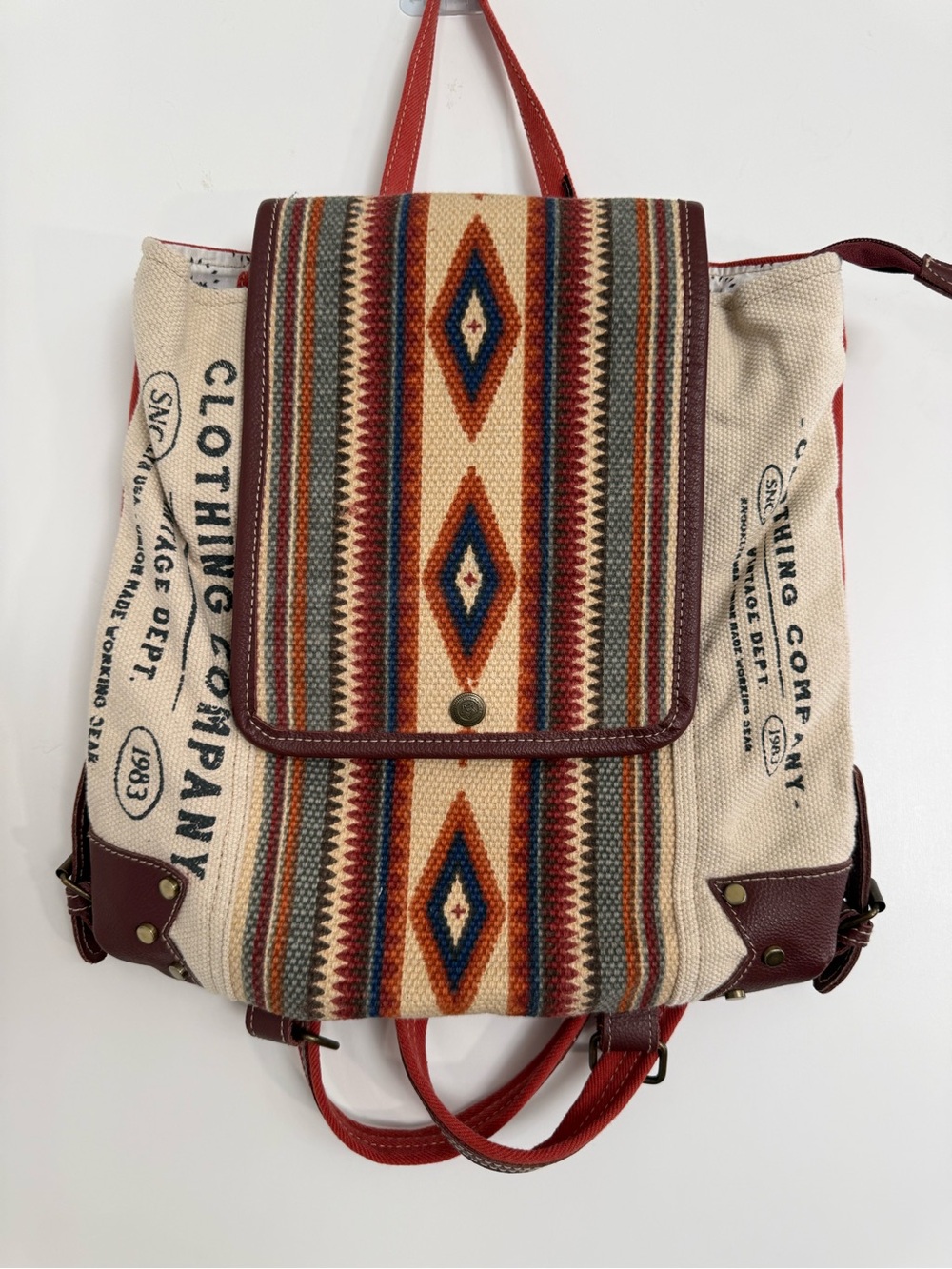 Myra Tribal Canvas Backpack Tote in Cream and Red Accents